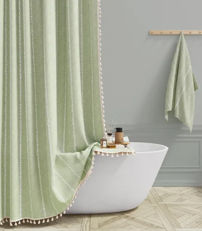 Green Farmhouse Shower Curtain Linen Striped Heavy Duty Fabric Shower Curtain Set with Tassel Bohemian Country Thick Curtain
