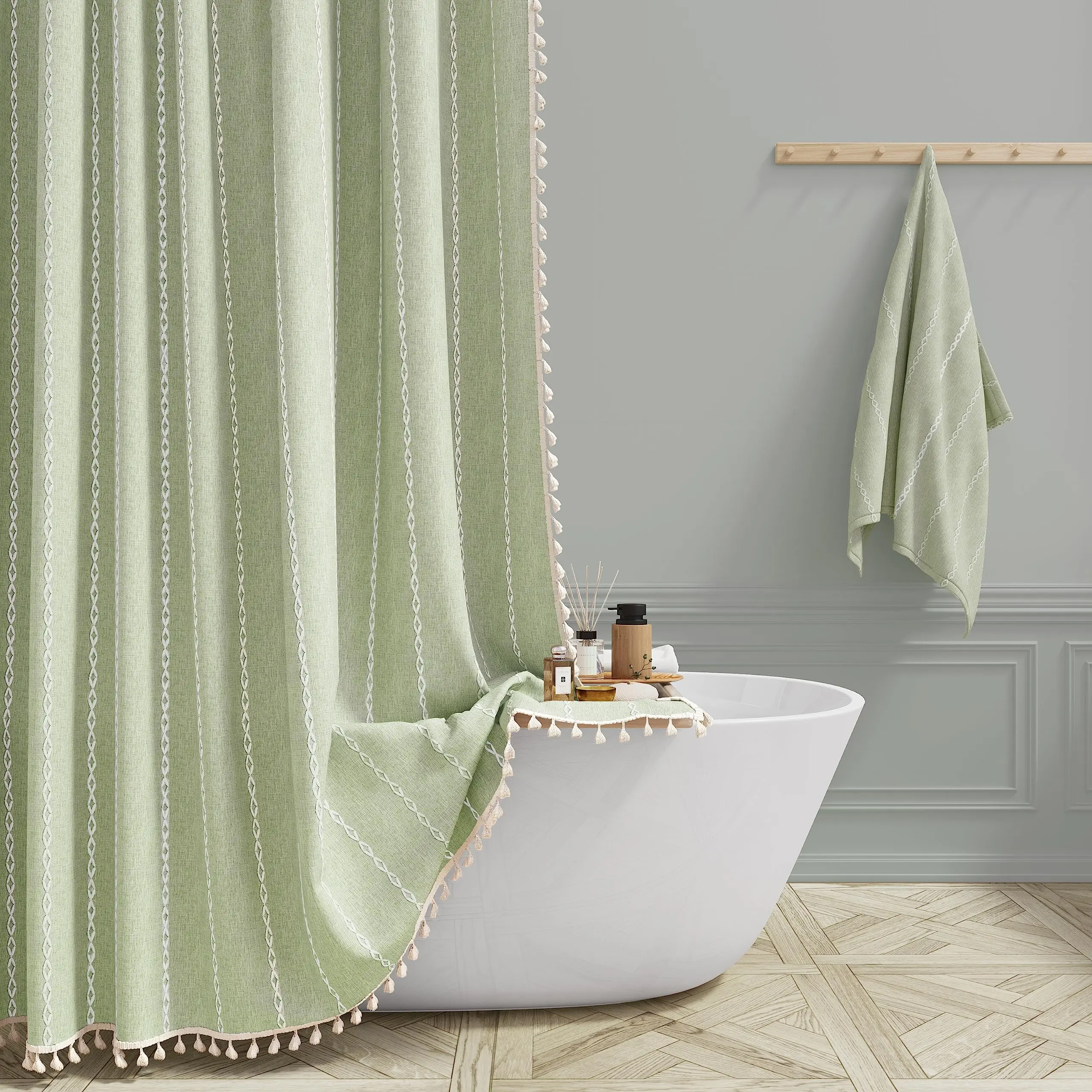 Green Farmhouse Shower Curtain Linen Striped Heavy Duty Fabric Shower Curtain Set with Tassel Green Farmhouse Shower Curtain Linen Striped Heavy Duty Fabric Shower Curtain Set with Tassel Bohemian Country Thick Curtain