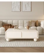 Nordic wood TV stand with drawers in a modern living room corner, featuring clean lines and ample storage