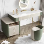 Modern dresser with mirror and stool – 2-drawer makeup vanity table in a minimalist bedroom setting