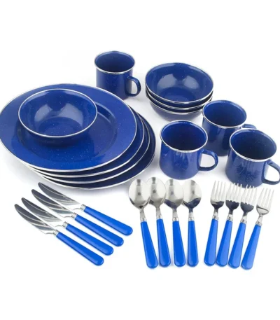 Camping Enamel Tableware Set: Plates, Bowls, Mugs High Quality 24 piece Enamel Tableware Set 24-Piece Enamel Tableware Set