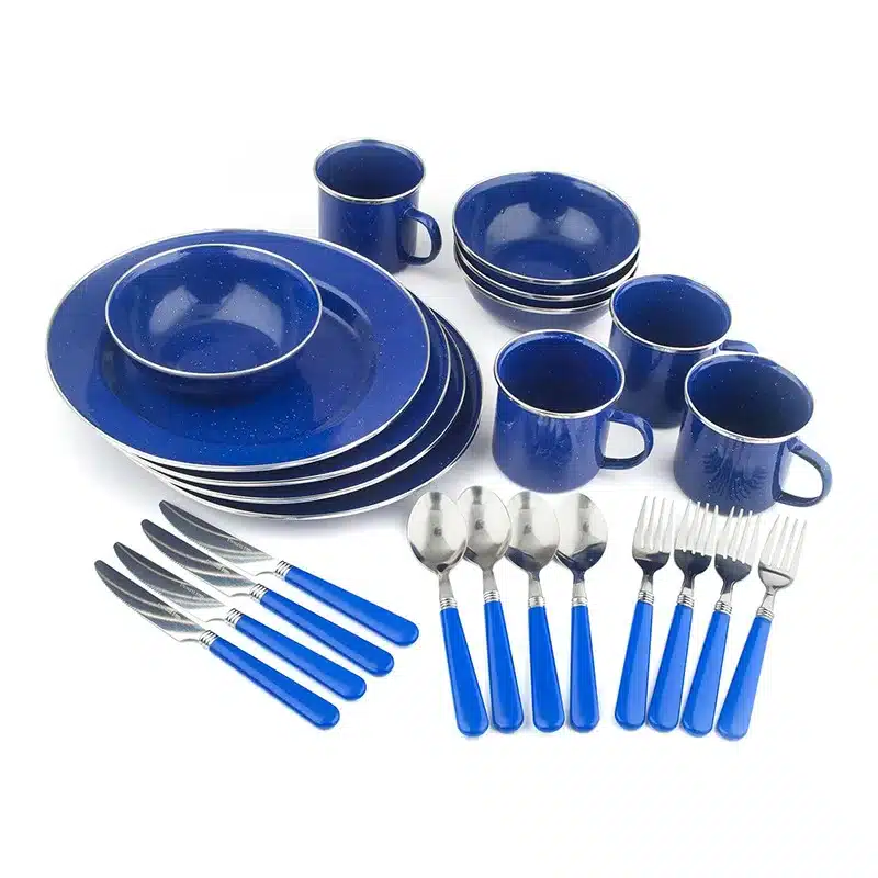 Camping Enamel Tableware Set: Plates, Bowls, Mugs High Quality 24 piece Enamel Tableware Set Camping Enamel Tableware Set: Plates, Bowls, Mugs High Quality 24 piece Enamel Tableware Set 24-Piece Enamel Tableware Set