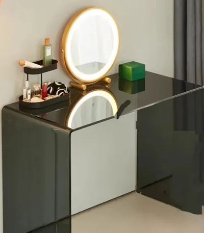 Minimalist vanity desk with drawers and mirror - Goldoma modern dressing table with stool