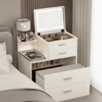 White French modern dressing table with mirror and stool – elegant bedroom vanity with four drawers