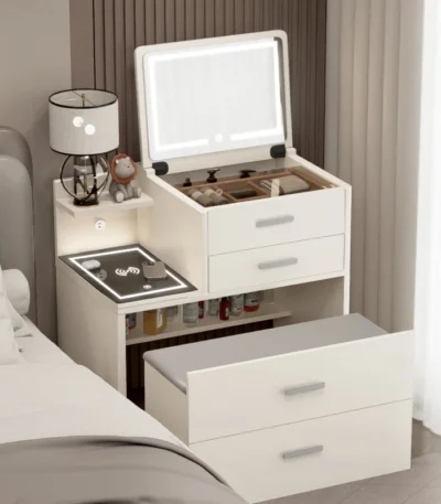 White French modern dressing table with mirror and stool – elegant bedroom vanity with four drawers