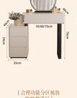 Modern vanity table with mirror and storage drawers in a bedroom setting