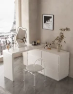 LED dressing table for bedroom with mirror, drawers, and stool - Goldoma