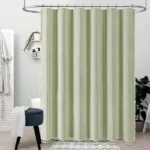 Green Farmhouse Shower Curtain Linen Striped Heavy Duty Fabric Shower Curtain Set with Tassel Bohemian Country Thick Curtain