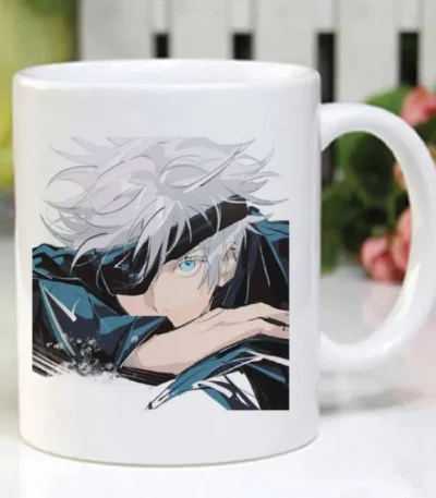 Anime coffee mug with Jujutsu Kaisen Gojo Satoru surrounded by water design on white ceramic