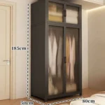 Minimalist open wardrobe closet with metal frame in a modern bedroom setting
