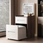 Modern dressing table organizer with shelves for makeup and jewelry in a minimalist bedroom setting