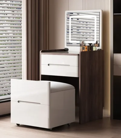 Modern dressing table organizer with shelves for makeup and jewelry in a minimalist bedroom setting