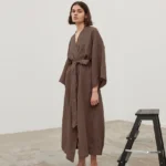 NHKDSASA Brown Robes For Women Loose Three Quarter Sleeve Nightwear Sashes Cotton Bathrobe Female Casual Sleepwear Summer