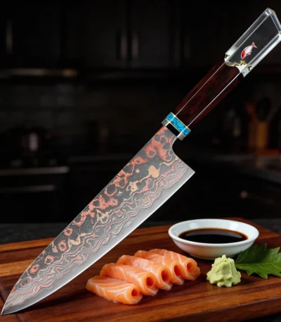 Copper damascus chef knife 8 inch with layered steel blade and copper accents on cutting board