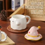450ml Dreamy Ghost Cat Ceramic Mug with Lid – Cartoon Anime Style Couples' Cup/Holiday Gift, Unisex Cute Drinkware