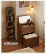 Wooden makeup vanity with mirror and stool in a modern bedroom setting