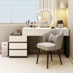 Modern wooden dressing table with mirror and 5 drawers – makeup vanity desk with LED lights and stool in bedroom setting