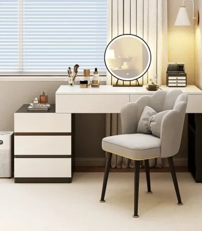 Modern wooden dressing table with mirror and 5 drawers – makeup vanity desk with LED lights and stool in bedroom setting