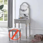 Modern white dressing table with mirror and stool in a bedroom setting