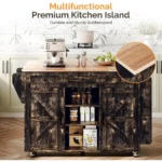 52-inch rolling kitchen island with storage in black and gold, featuring drop leaf and spice rack