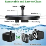 Outdoor bird bath fountain with solar panel and water spray in a garden
