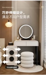 Modern white wood dressing table with mirror and three drawers in bedroom setting