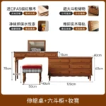 Minimalist oak wood dressing table with mirror, stool, and six drawers in a modern bedroom setting