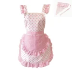 Sweet Pink Cute Chef Apron Suit Girl Anti-fouling Lace Apron Pink Polka Dot Strap Kitchen Home Catering Work Apron – angled