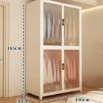 Minimalist open wardrobe closet with metal frame in a modern bedroom setting
