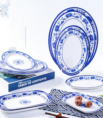 Melamine Chinese Style Blue and White Porcelain Tableware Creative Oval Dinner Plate