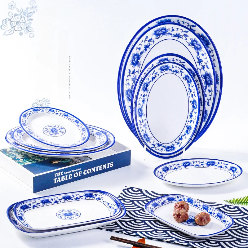 Beautiful melamine dinnerware set with blue and white Chinese porcelain pattern on an oval plate