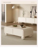 Nordic wood TV stand with drawers in a modern living room corner, featuring clean lines and ample storage