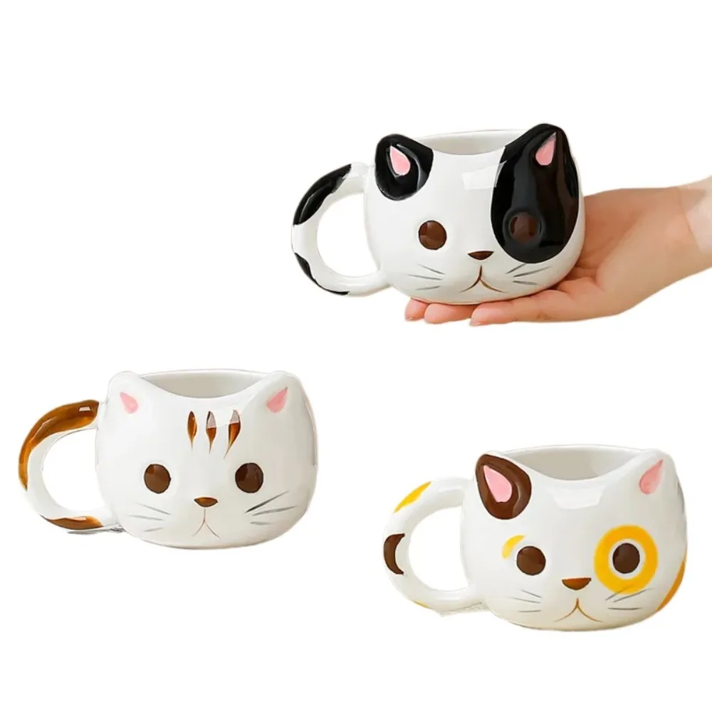 Ceramic cat coffee mug with 3D embossed cat design, white glaze, on a wooden table