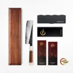Professional nakiri knife with PM204 steel core and Mkuruti wood handle on wooden cutting board