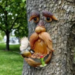 Tree Face Bird Feeder Outdoor, Eyes Glow in Dark Fun Old Man Tree Hugger Sculpture Yard Art Garden Lawn Ornament Decoration