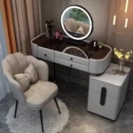 Modern dressing table with mirror and stool in a minimalist bedroom setup