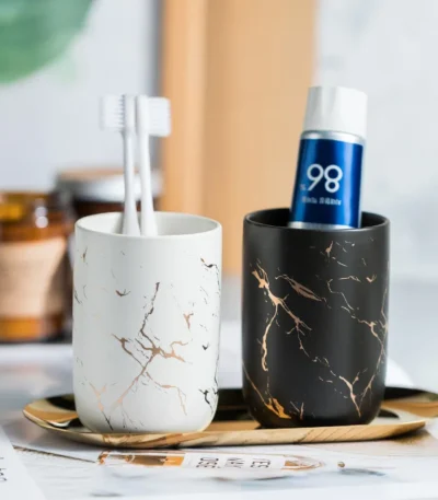 Creative Marbled Gold Plated Mouthwash Cup Couple Toothbrush Holder Bathroom Accessories Ceramic Mouthwash Cup Home