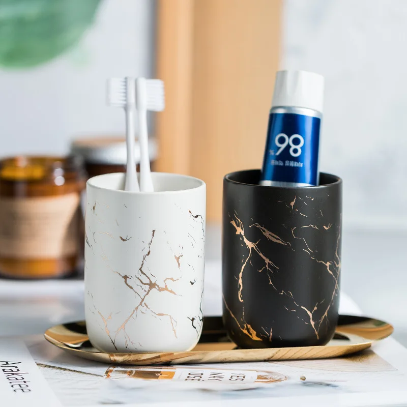 Creative Marbled Gold Plated Mouthwash Cup Couple Toothbrush Holder Bathroom Accessories Ceramic Mouthwash Cup Home