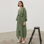 NHKDSASA Brown Robes For Women Loose Three Quarter Sleeve Nightwear Sashes Cotton Bathrobe Female Casual Sleepwear Summer