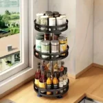 3-tier rotating spice rack filled with spice jars on a kitchen counter, 360-degree view