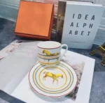Newest Mosaic Patterned Grid-Shaped Dinner Plate Coffee Cup & Saucer Set Bone Coffee Sets Glasses Gold Outline Plates