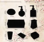 Three-piece floral ceramic bathroom set on glass shelf, toothbrush holder, cup, lotion bottle.