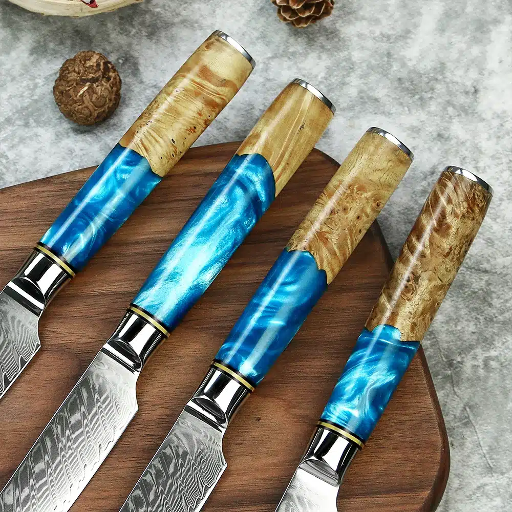 Amber 67-layer Damascus Steel 4pcs 5-inch Steak Kitchen Knife Set kitchen tool Resin with burl wood Handle Sharp Tools