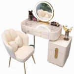 Modern dressing table with mirror and stool in a minimalist bedroom setup