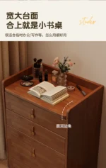 Wooden makeup vanity with mirror and stool in a modern bedroom setting