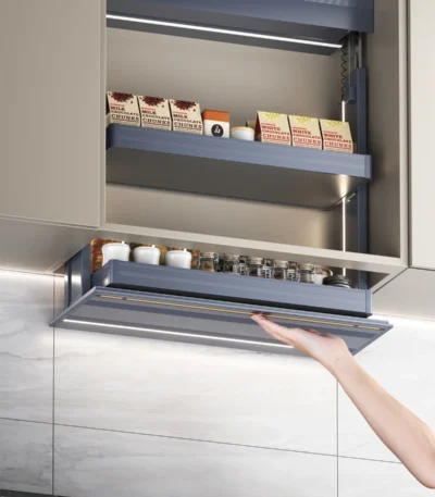 Smart Pull Down Cabinet Organizer Touch Control Lift Shelf LED Upper Storage Senior Handicap High Ceiling Kitchen Accessory