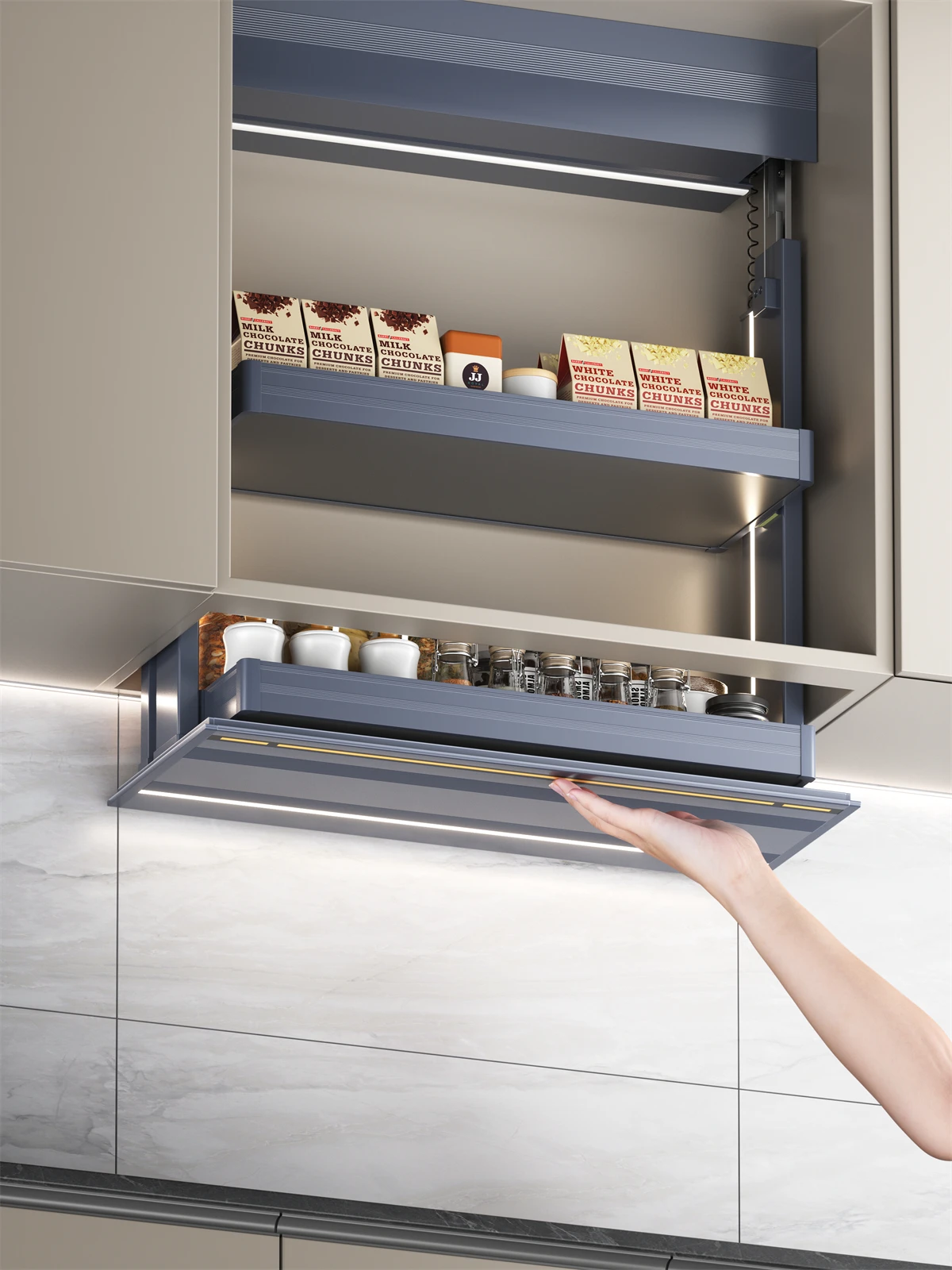 Smart Pull Down Cabinet Organizer Touch Control Lift Shelf LED Upper Storage Senior Handicap High Smart Pull Down Cabinet Organizer Touch Control Lift Shelf LED Upper Storage Senior Handicap High Ceiling Kitchen Accessory