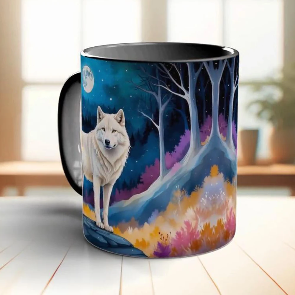 Moon and white wolf coffee mug 11oz ceramic home tea cup friends birthday gift mug