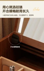 Wooden makeup vanity with mirror and stool in a modern bedroom setting