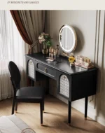 Goldoma compact vanity desk with drawer storage and mirror in a corner bedroom setting